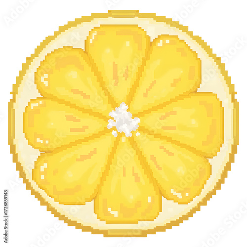 Fresh and vibrant yellow lemon fruit slice, rendered in charming pixel art