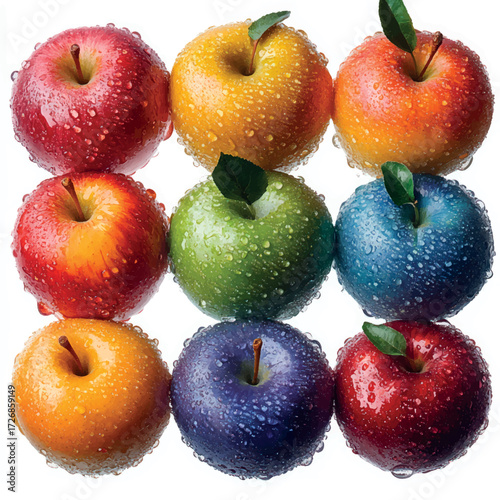 Nine apples isolate. Nine juicy apples set. Apple juice. Print with apples. Template for apple juice packaging design. Juicy fruits. Number 9 math counting.	