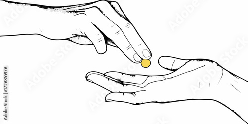Close up of two hands one giving a single gold coin to another open palm receiving
