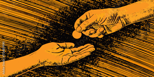 Close up of two hands one giving a coin to the other with a textured orange and black background