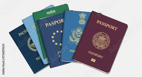 A collection of various international passports displayed on a white surface showcasing different designs and colors