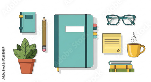 A flat lay illustration of a desk with a plant, books, a notebook, a pencil, and a coffee cup