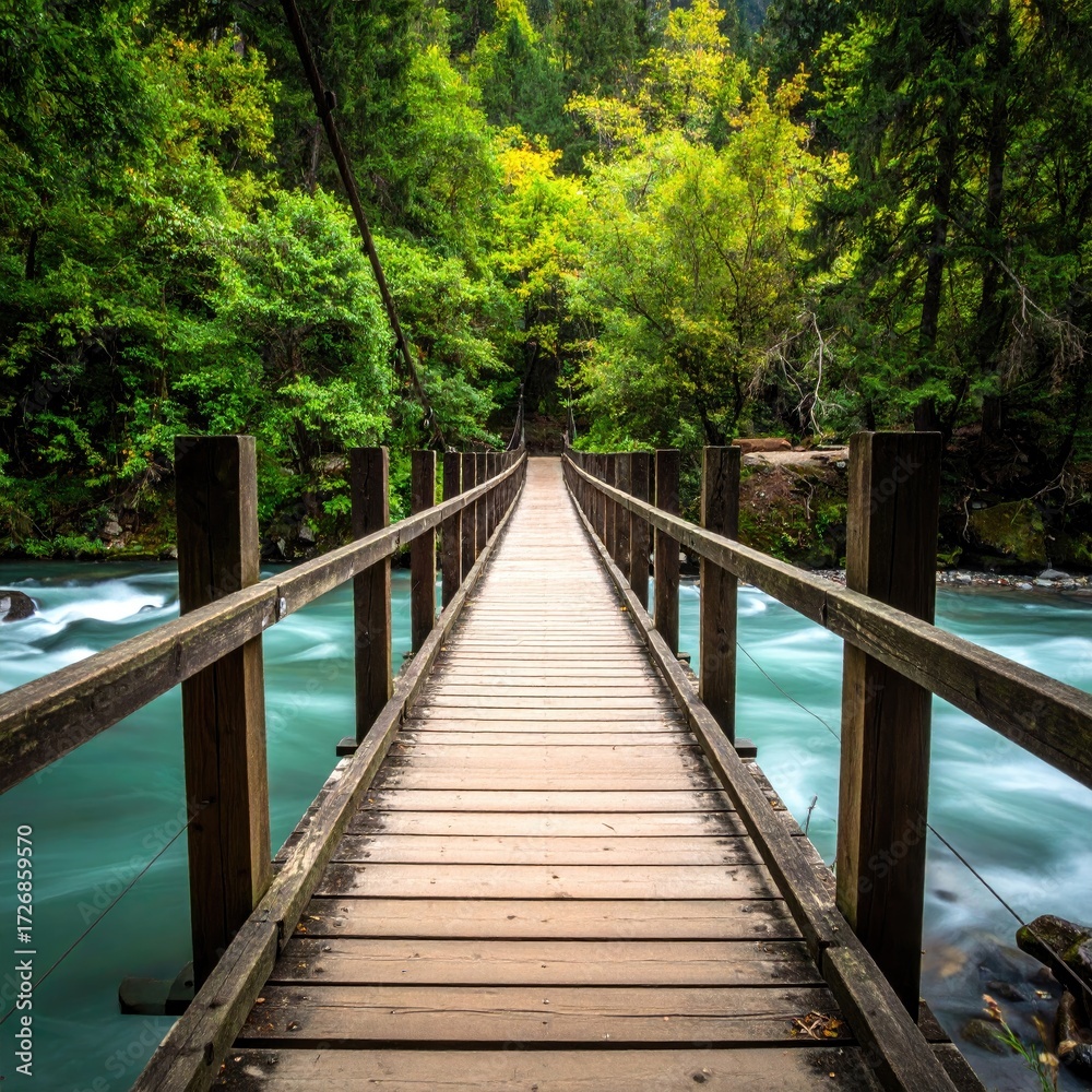 Obraz premium Wooden suspension bridge spanning a rushing river, through a lush forest