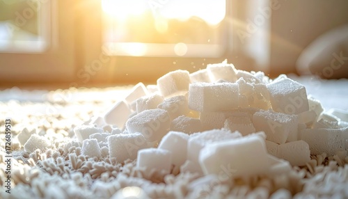 Pile of white crystalline sugar cubes in warm sunlight.
