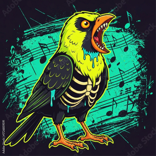Undead canary's heavy metal scream illustrated with musical notes on a grunge background