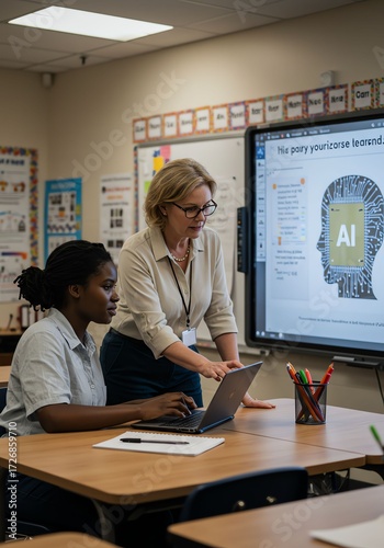 Female Teacher and Student Using Digital Devices in Classroom with Ai Technology
