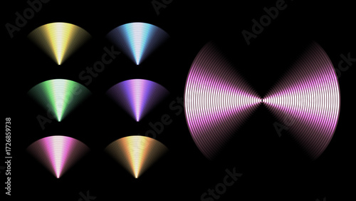 Wi-Fi glowing signal waves light effect in yellow, blue, red, purple, green, pink and golden colors, digital wireless internet connection sensor, technology radar or sonar neon spectrum vector.