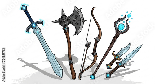 Illustration of a collection of fantasy weapons including a sword axe bow staff and two daggers on white