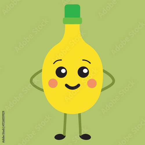 Cute olive oil bottle character with rosy cheeks on a light green background