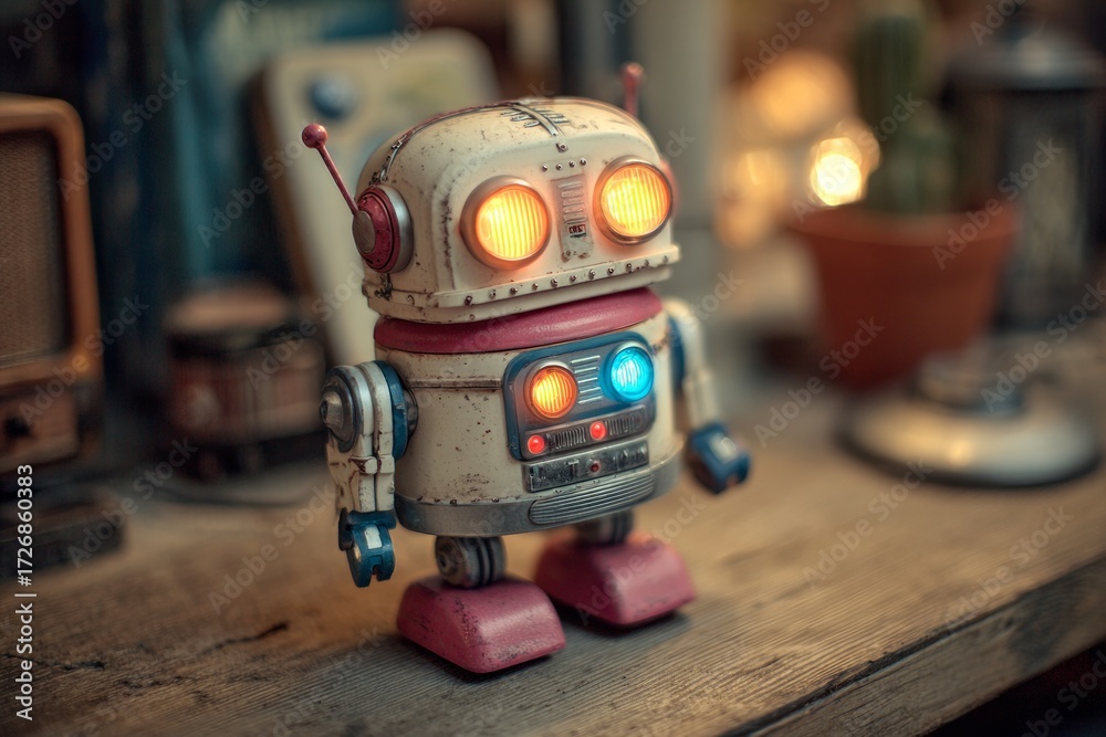 Fototapeta premium Retro robot with glowing lights offering a sense of nostalgia