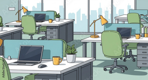 Illustration of a modern office space with desks chairs computers and city skyline view through windows