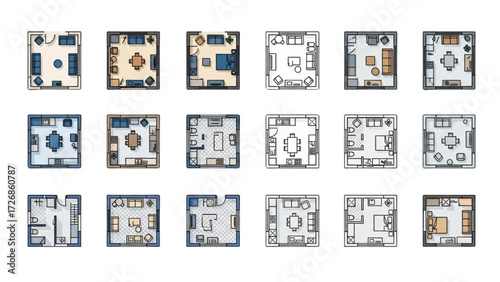2D Floor Plan Vector Icons with Furniture – Black and White House, Apartment, Villa Layouts AI EPS PNG JPEG
