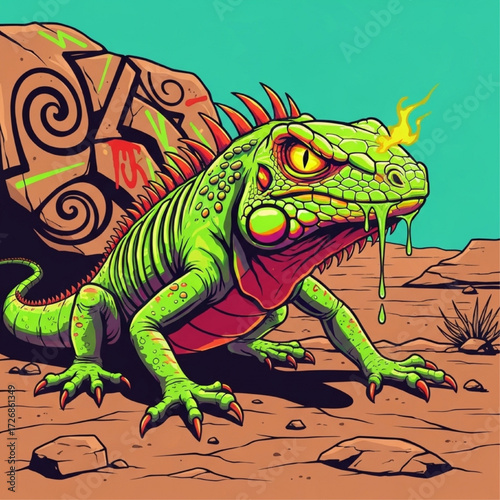 Gritty Iguana Illustration with Bold Graffiti Art