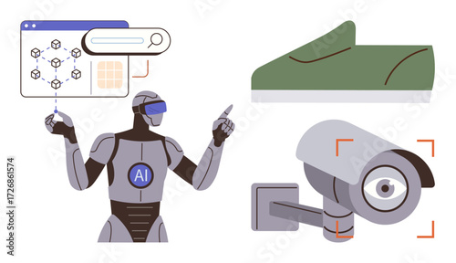 Futuristic robot analyzing data with AI interface, surveillance camera tracking, and eco-consciousness symbolized by nature. Ideal for AI, security, technology, innovation, environment, robotics