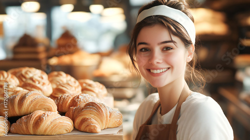 Smiling French Woman Baker in Apron Making Fresh Bread and Croissants at Her Bakery Shop