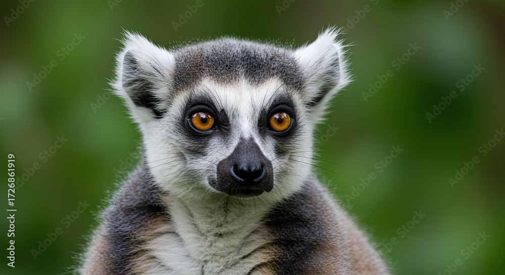 Obraz premium A close-up portrait of a ring-tailed lemur with striking orange eyes and distinctive black and white facial markings, set against a blurred green background.