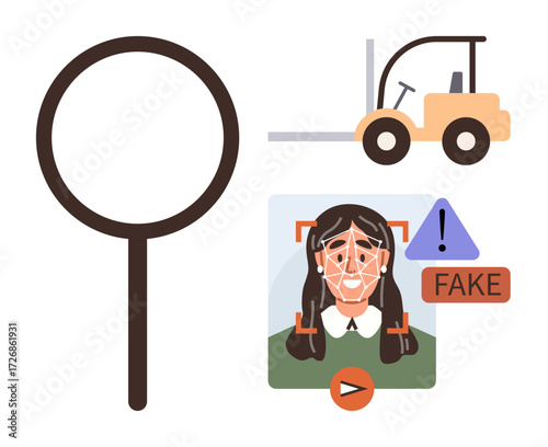 Magnifying glass, forklift, facial recognition screen with warning signs. Ideal for security, AI ethics, verification, automation, identity fraud, technology scrutiny simple flat metaphor
