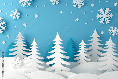 Winter wonderland scene with paper snowflakes and pine trees