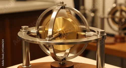 A scientific model of a gyroscope, a device maintaining orientation, with a brass wheel spinning rapidly within nested metallic rings.