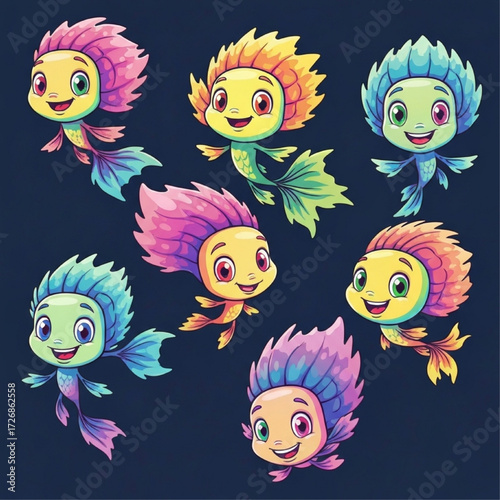 Charming ensemble of cheerful, colorful fantasy water sprites and fish creatures with vibrant styles