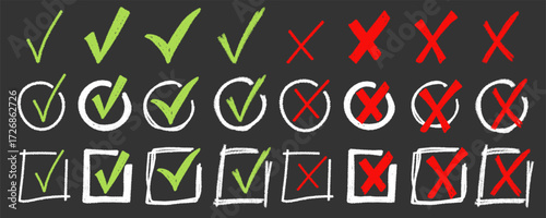 Brush, marker drawn green check mark and red cross circle and square icon set. Collection of hand drawn doodle tick symbol, chalk approval and cancel marks