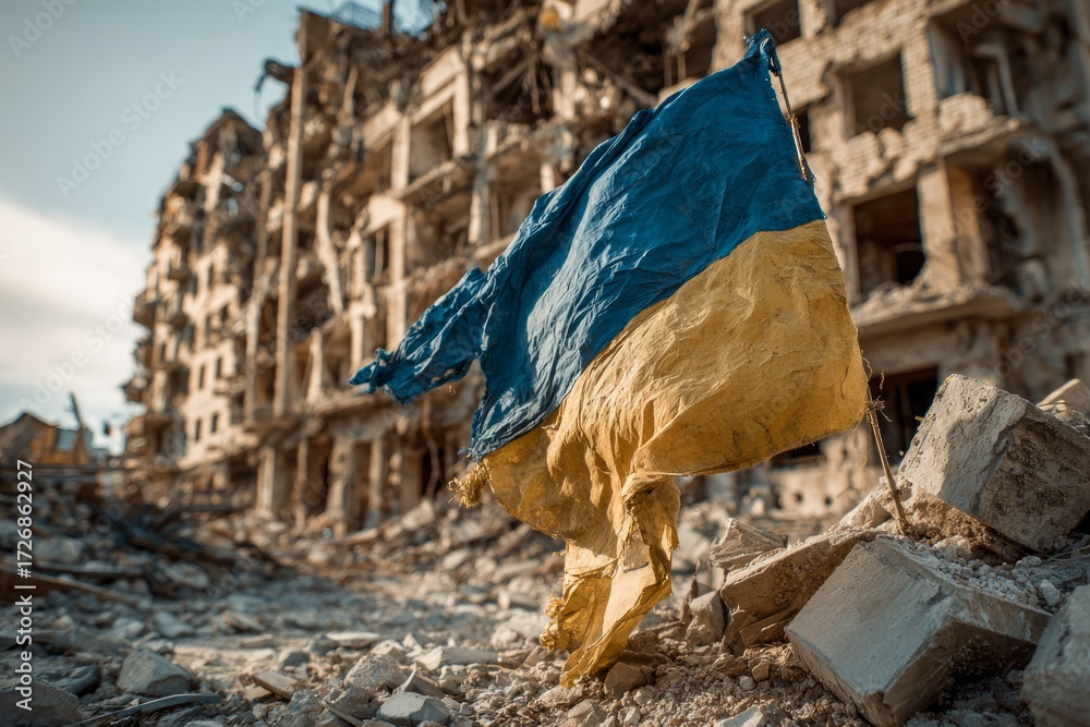 Fototapeta premium Ukrainian flag waving in rubble with a bombed building in the background