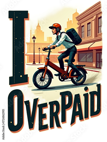 - Motorbike rider, focused, cruising urban street, Overpaid sign