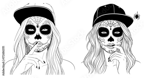 Vector art of two sugar skull girls with cap illustrations, , featuring intricate face paint and spider accents