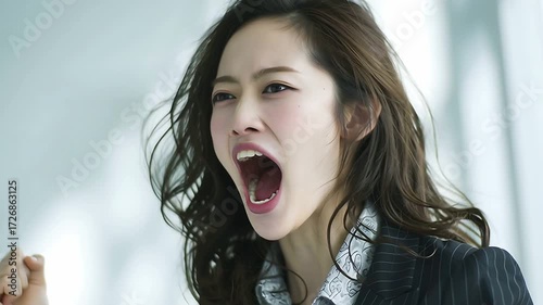 Japanese Angry business woman screaming with fist raised in frustration and aggression on transparent background