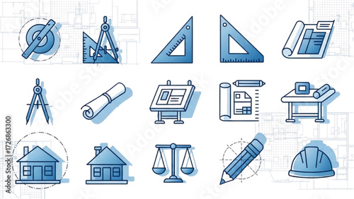 Architectural Blueprint Vector Icons – CAD Template Overlay with Clean White Background AI EPS PNG JPEG
