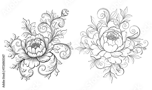 Vector art of two peony flower arrangements with intricate details, ideal for artistic and decorative projects