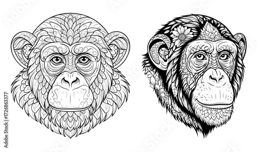 Vector art of two chimpanzee heads with detailed patterns, perfect for coloring and creative projects