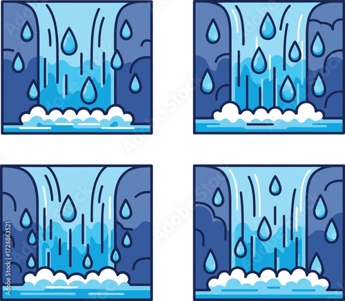 Four colorful waterfall icons with unique flows and rock formations