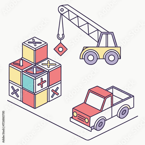 Isometric flat vector of a construction scene with crane, pickup truck, and colorful building blocks. Ideal for engineering, architecture, building process, and development concepts.