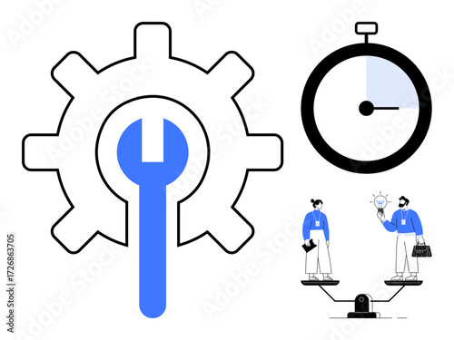 Gear and wrench for tool and process optimization, stopwatch for time management, teammates exchanging ideas on balance scale. Ideal for teamwork, productivity, problem-solving, innovation, time