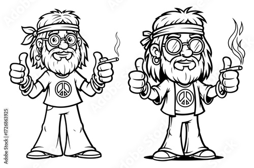 Vector art of two cartoon hippies smoking, a fun and retro counterculture illustration