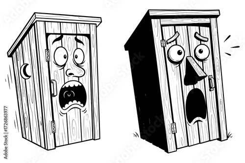 Vector art of two outhouses with surprised expressions, one with a crescent moon cutout