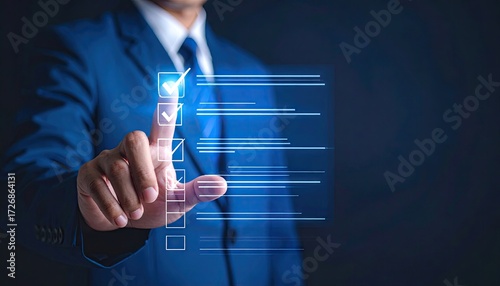 Businessman touching a digital checklist for task management and planning.