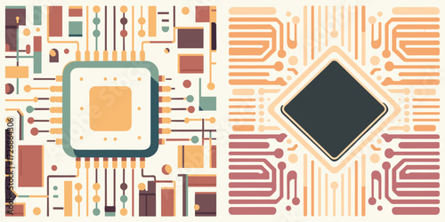 Stylized flat vector illustration showcasing microprocessors on intricate electronic circuit boards, representing digital innovation, data flow, and sophisticated hardware architecture