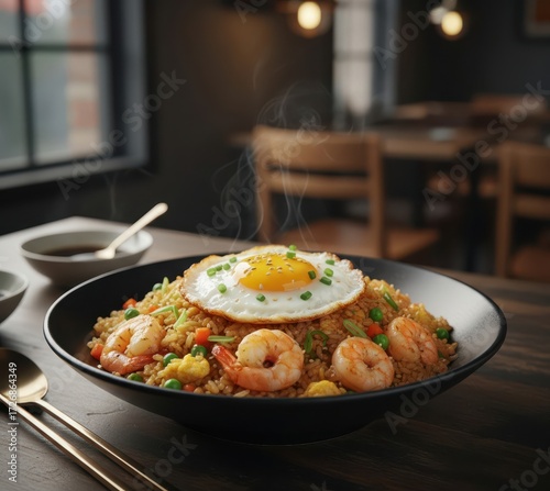 Seafood Fried Rice (해물볶음밥) on a Hot Plate with Sunny-Side Egg
