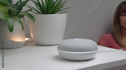 A smart speaker device sits on a white table next to potted plants, with a person partially visible in the background.