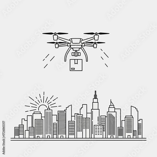 A line art illustration of a delivery drone flying over a modern city skyline with a package.