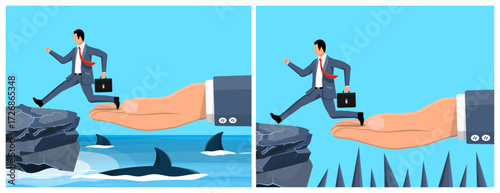 Businessman running over gap on helping hand. Concept of business support and risk management. Flat style vector set illustration.