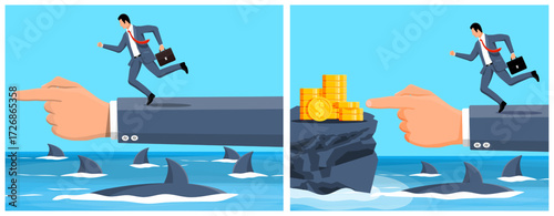 Man running towards goal with risk. Business challenge and opportunity concept. Financial strategy and investment decision.