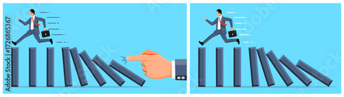 Man running from falling dominoes. Business crisis and risk avoidance. Domino effect and chain reaction concept.