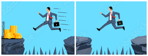 Businessman jumping between two cliffs. Man takes financial risk to reach money. Challenge and obstacle on way to success.