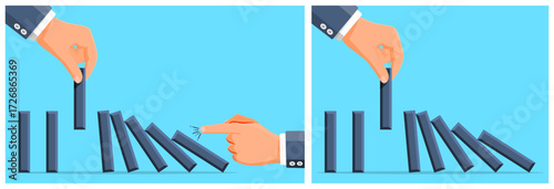 Man hand stopping domino effect. Business risk management concept, problem prevention. Stability and crisis solution.
