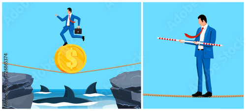 Businessman on tightrope walking over shark infested water. Financial challenge and risk concept. Business crisis illustration.