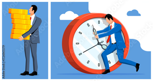 Man carrying gold bars and another man stopping clock. Time and money management concept. Business finance and productivity.