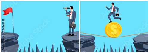 Businessman looking with spyglass at red flag on cliff. Man crosses abyss on tightrope with coin. Business challenge and target goal concept.